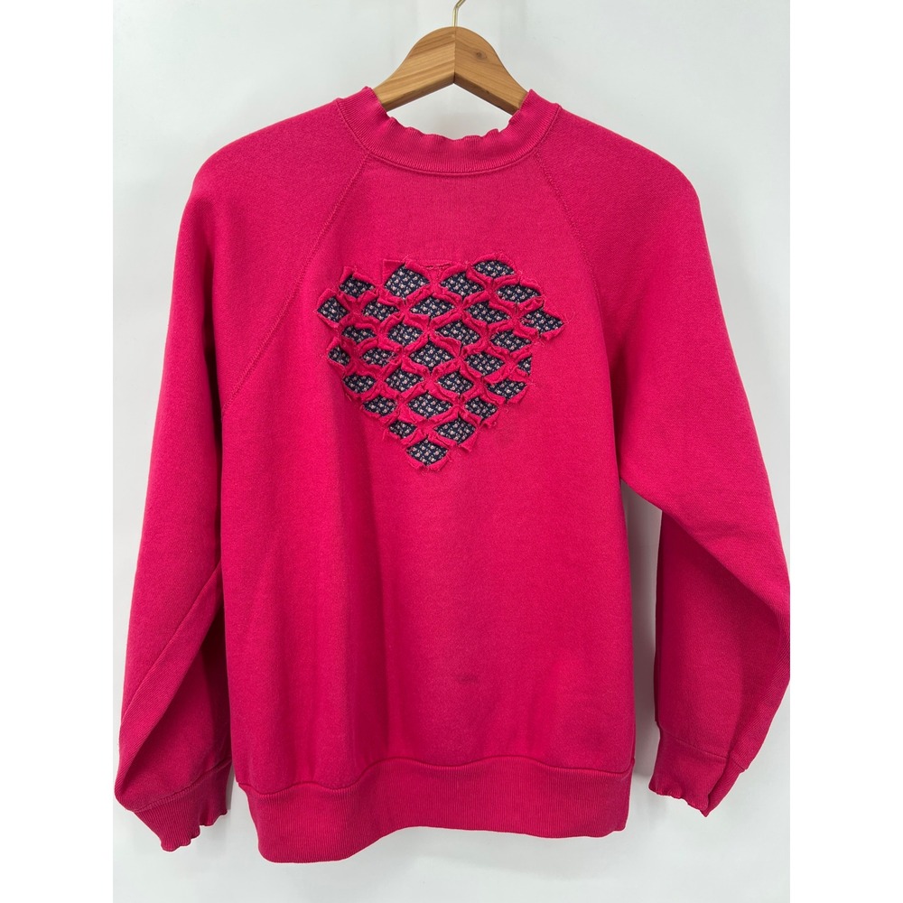 Vintage Tultex Magenta Pink Heart Lattice Floral Applique Sweatshirt Womens M